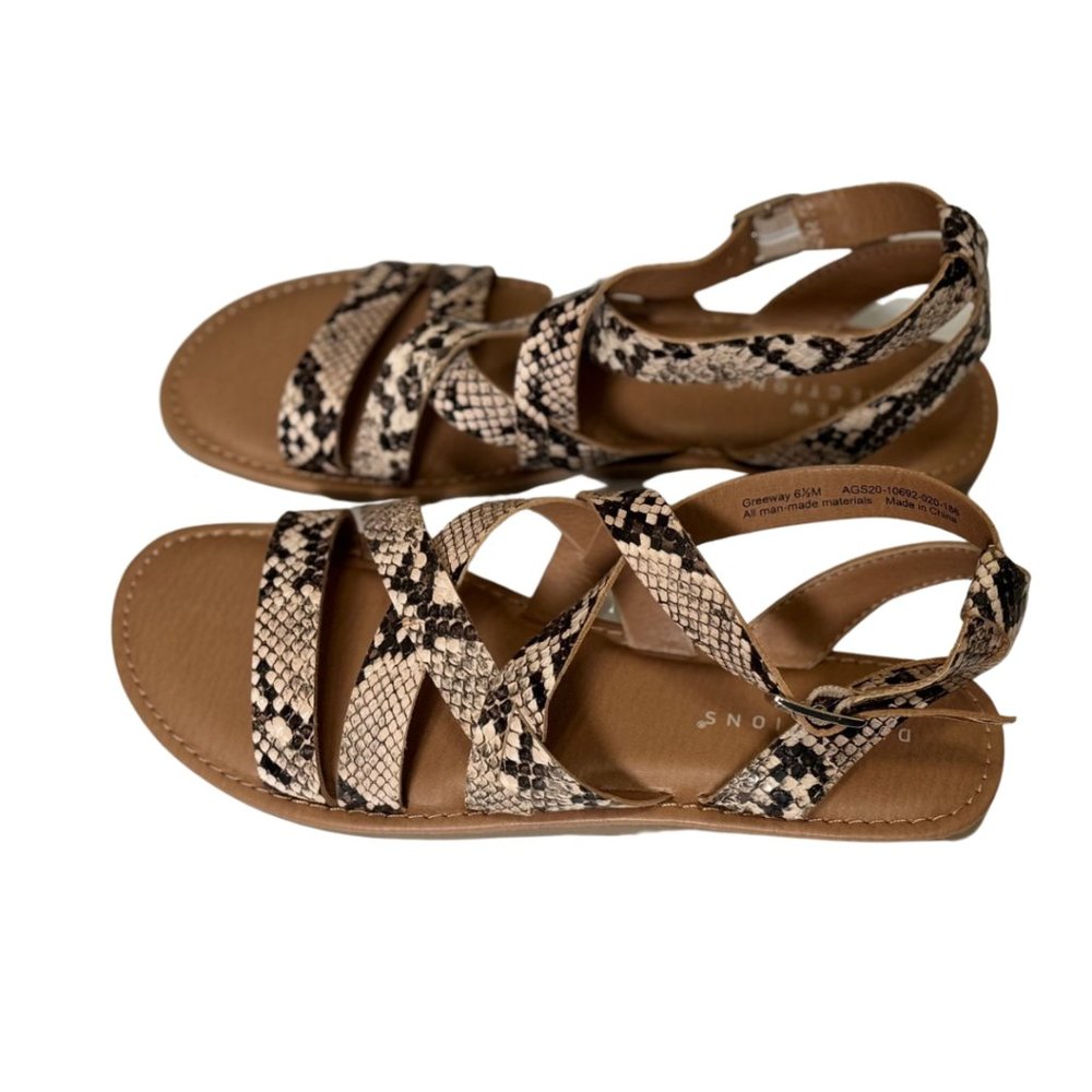New Directions Womens Sandals Open Toe Low Wedge Snake Skin Strappy Black Cream